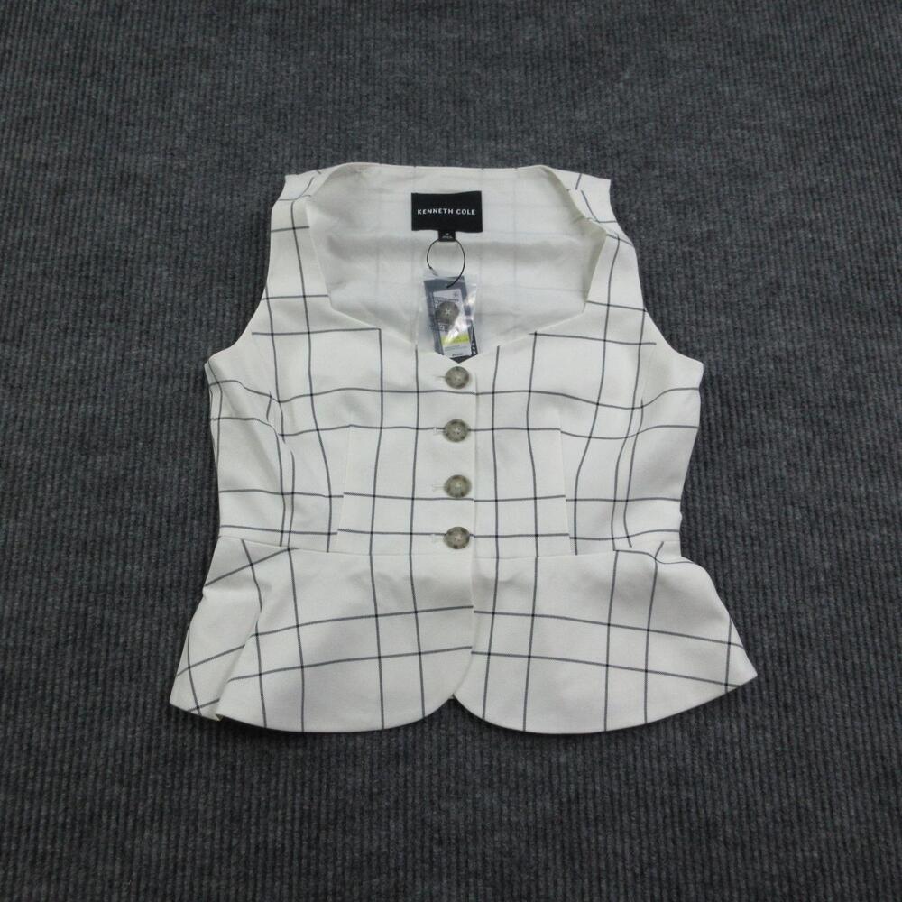Kenneth Cole Suit Vest Womens M White Check Cropped Lined Four-Button NWT